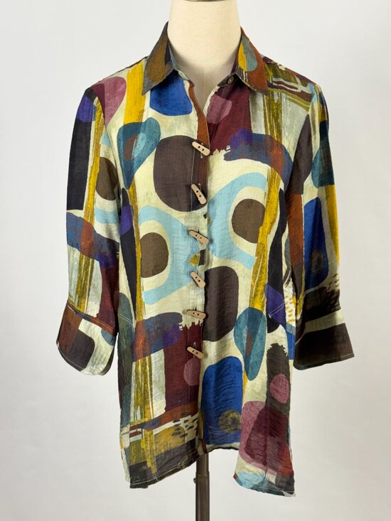 Ali Miles Tops - Ali Miles Abstract Geometric Button Down Tunic Top Artsy Art to Wear Earth Tones